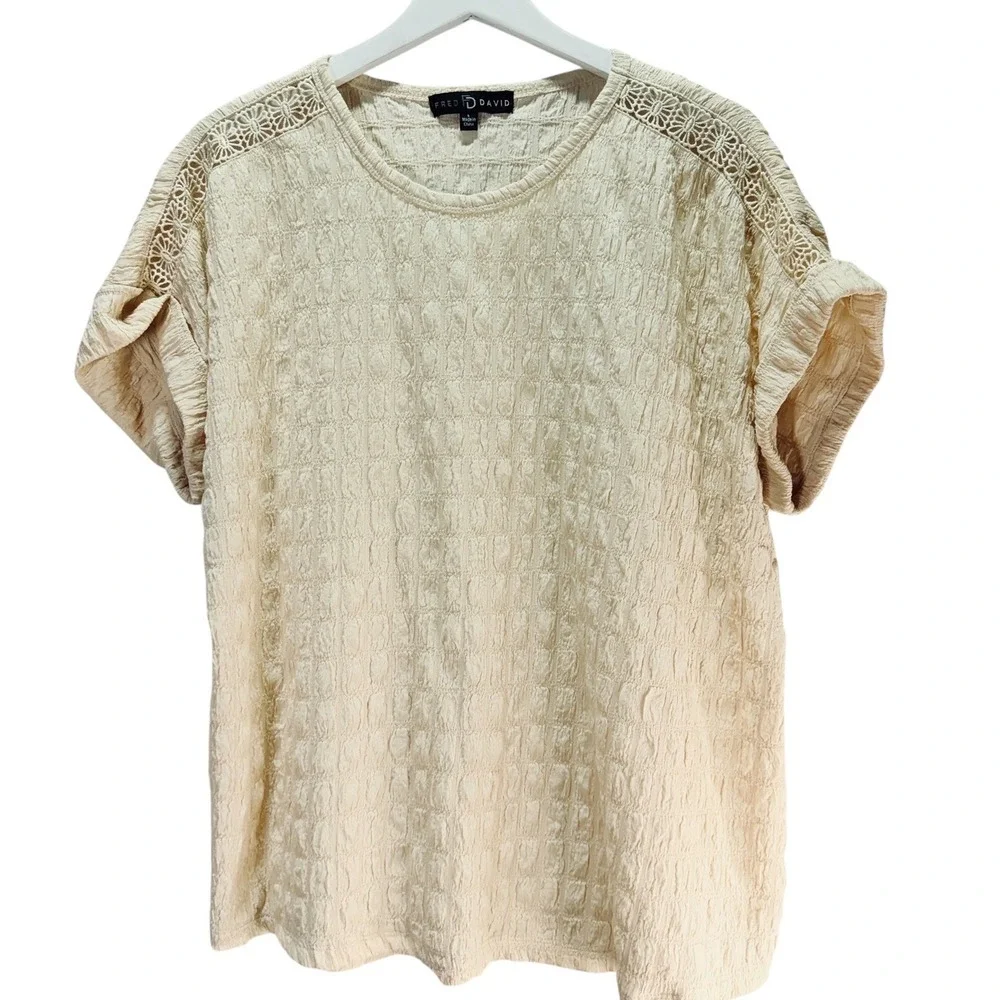 Fred David Textured Knit Top Women L Cream Boho Crochet Lace Short Sleeve Summer